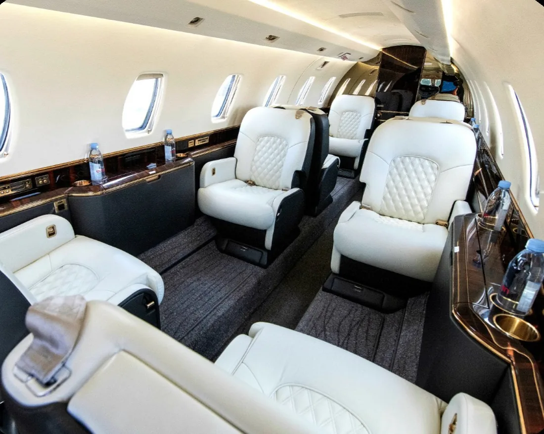 Private jet cabin interior on a charter flight departing Peterborough, Ontario